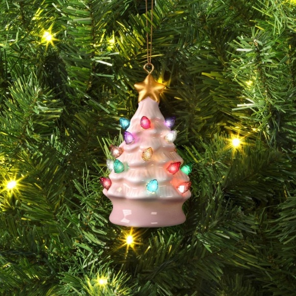 ❤️ CHRISTMAS LIT CERAMIC RETRO HOLIDAY ORNAMENT PINK NEW - Picture 2 of 4